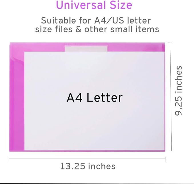 Sooez 20 Pack Folders Plastic Envelopes, Clear Plastic File Folder for Document, Letter A4 Size Poly File Envelopes with Label Pocket, Snap Button for Home Work Office Organizer, 5 Colors