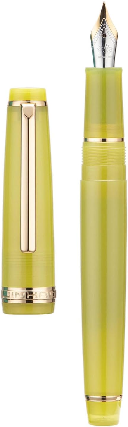 Jinhao 82 Acrylic Fountain Pen, Iridium Bent Nib with Ink Converter, Transparent Mustard Yellow Classic Design Calligraphy Pen (Gold Trim)