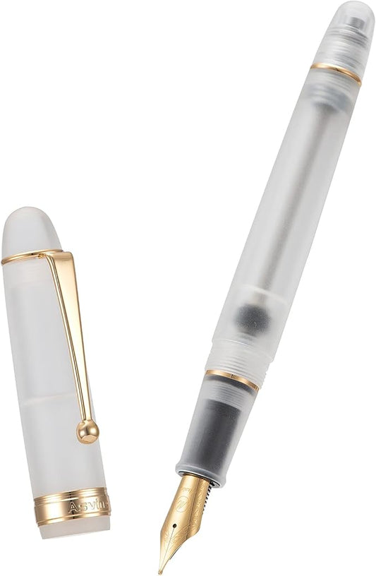 Asvine V126 Vacuum Filling Fountain Pen Extra Fine Nib, Frosted Transparent Clear Acrylic, Large-Capacity with Gift Case