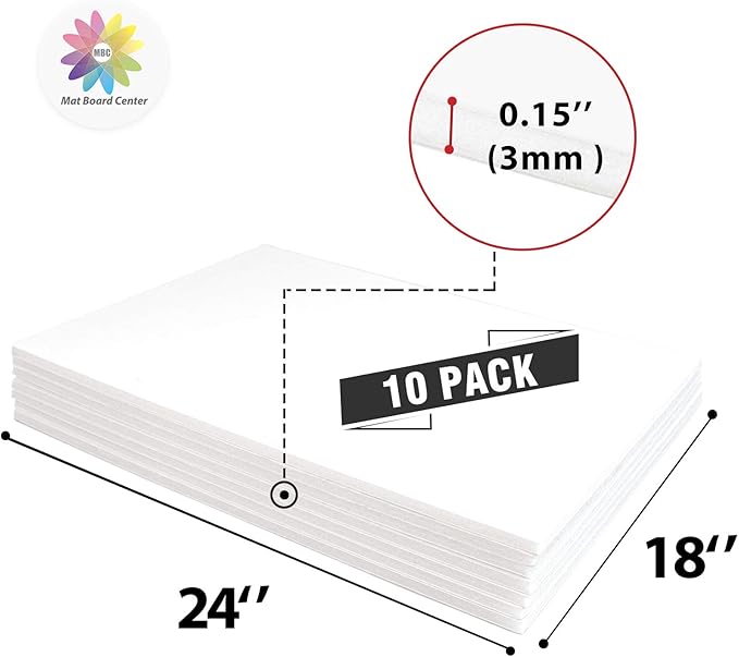 Mat Board Center, Pack of 10 Acid-Free Foam Boards, 18x24 inch White Foam Boards, 1/8" Thick