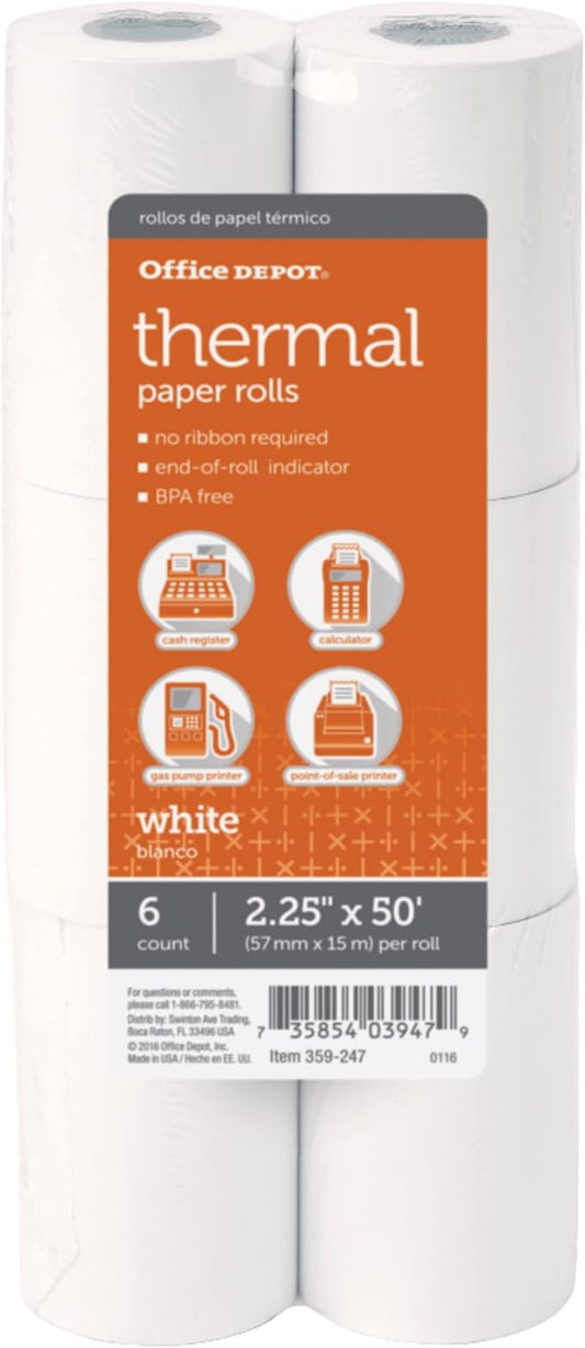 Office Depot® Brand Thermal Paper Rolls, 2 1/4" x 50', White, Pack Of 6