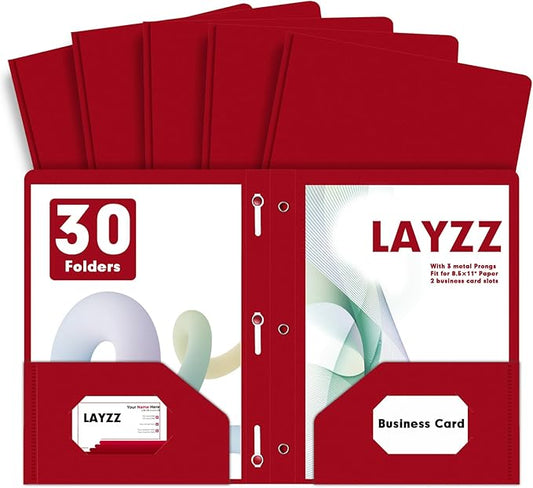 Plastic 2 Pocket Folders with Prongs, 30 Pack, Heavyweight, Letter Size Poly Folders with 3 Metal Prongs Fastener Clips (Red)