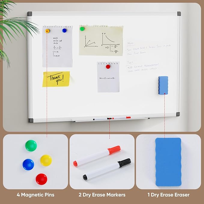 Sweetcrispy Magnetic Whiteboard Set of 2, 36 X 24 Inches Dry Erase Board for Home Office School,Sliver Reinforced Aluminum Frame,2 Dry Eraser & 4 Dry Erase Markers & 8 Magnetic Pins
