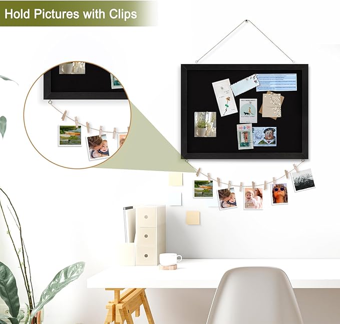 Double-Sided Black Cork Board with Linen, 24" x 18" Hanging Wood Framed Large Bulletin Board, Picture Display Vision Board Kit Corkboards for Wall Room School Office Decor, 20 Pushpins