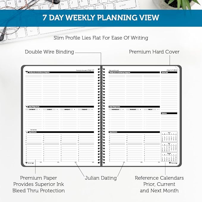Planner Pad Spiral Bound July 2024 – June 2025 / Academic Year, 8 1/2" x 11" Large, 3-Tier Funnel Down 12 Month Organizer, Black Cover/Black Ink