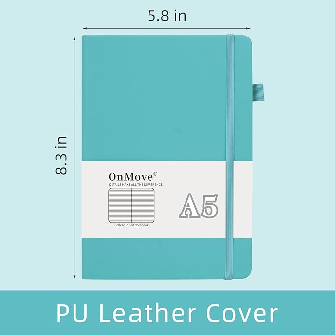 Lined Notebook Journal for Women Men 200 Pages A5 Hardcover Leather with Pen Holder College Ruled Journals for Work Note Taking Travel School Turquoise