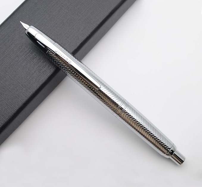 JINHAO 10 Press Fountain Pen, Retractable Metal Pen with Ink Converter (F Nib 0.5mm, Wavy Texture Bright Silver)