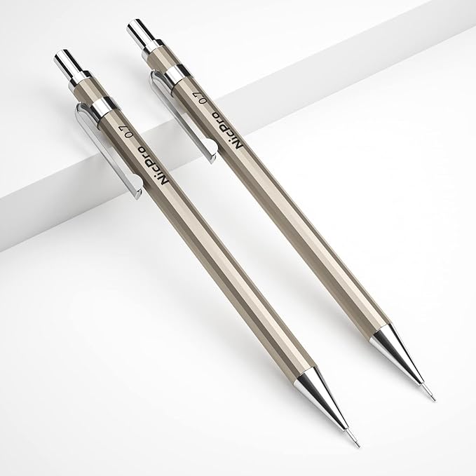 Nicpro 2 PCS 0.7 mm Metal Mechanical Pencils Set, Drafting Pencil for Artist Writing, Sketching, Drawing, with 4 Tubes HB Lead Refill & Erasers, Erasers Refills & Storage Case
