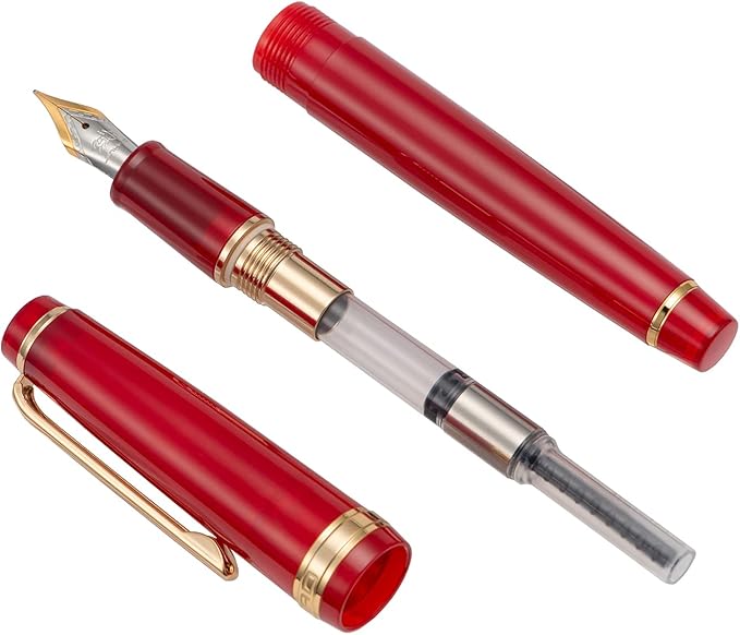 Jinhao 82 Acrylic Fountain Pen, Iridium Extra Fine Nib with Ink Converter, Transparent Red Classic Design Smooth Writing Pen (Gold Trim)