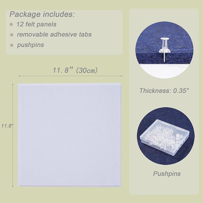 LAJAR Large Felt Wall Tiles, 12 Pack Cork Board Alternative with Removable Adhesive Tabs, Bulletin Pin Boards for Office, School and Home (White)
