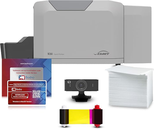 Bodno Seaory S28 Dual Sided ID Card Printer & Complete Supplies Package ID Software and Camera - Silver Edition