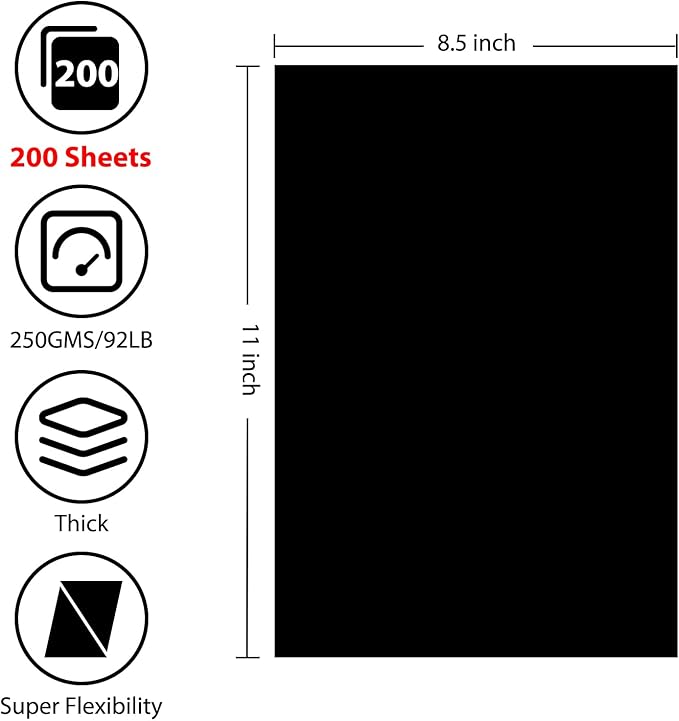 200 Sheets Black Cardstock 8.5” x 11”, 92lb/250gsm Black Card Stock, Thick Card Stock Paper, Heavy Cardstock Paper for Printer, Resume, Scrapbooks, Art, Crafts, Business Cards