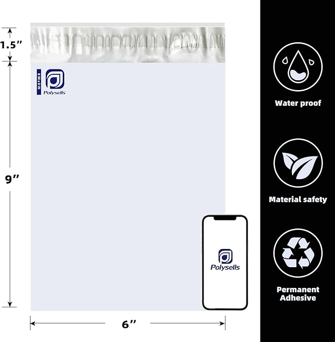 POLYSELLS 100 pcs 6x9 Inches White x Silver Poly Mailers Shipping Envelopes, Strong Adhesive Sealing, Waterproof, and Tear-resistant Postal Mailing Bags for Clothing, Books, and Accessories