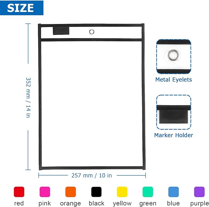Tamaki 8 Pack Dry Erase Pockets with Rings, 10 x 14 Inch Ticket Holders Clear Plastic Sleeves Sheet Protectors for Teacher Classroom, 8 Assorted Colors