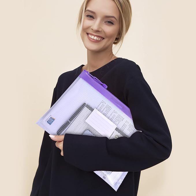 Zipper Pouch, Wisdompro 4 Packs Durable Letter Size Waterproof Mesh File Bag, Document Organizer - Blue/Purple