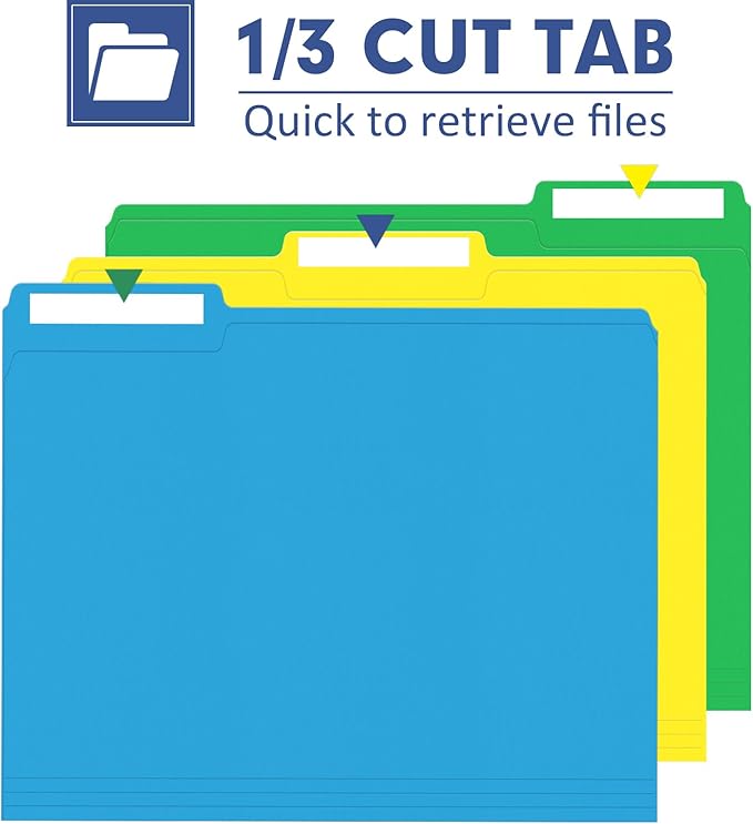 File Folder, PANDRI 270 Pack Colored File Folder, 1/3 Cut Tabs, Letter Size, Assorted 6 Colors Filing Folder for Office School Business