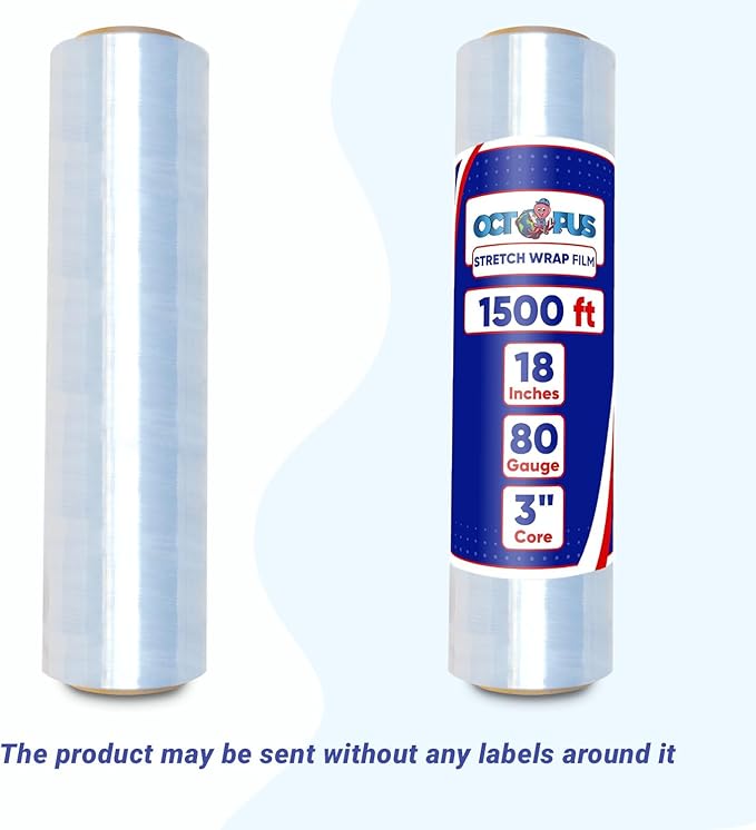 OCTOPUS Stretch Wrap, Industrial Strength 2 Roll Clear, 18” x 1500 feet, 80 Gauge (20 Micron), Heavy Duty Plastic Shrink Film for Packing, Wrapping, Bundling, Shipping, Pallets, and Moving Essentials