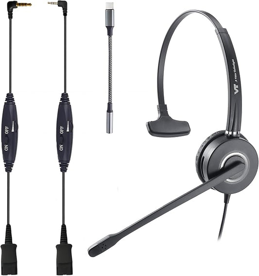 QD Headset with 3.5mm Jack&USB-C Adapter for PC,Cellphone,Tablet, 2.5mm Jack Compatible with Panasonic-Cisco-AT&T-Polycom-Grandstream IP Phones, etc., with Mute, Volume Control (Mono)
