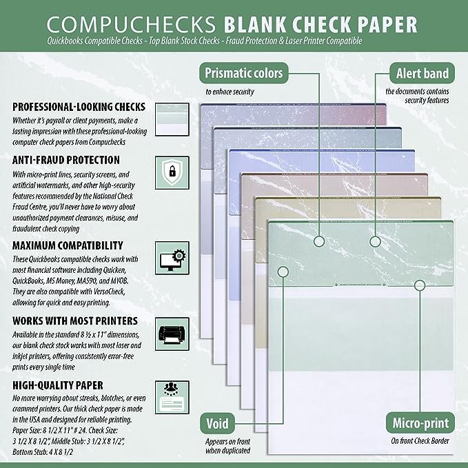 Compuchecks Check on Top Blank Check Paper - 100 Pack, Quick-Books & Laser Printer Compatible - Security Business Checks with Voucher - 8.5" x 11" Gold Marble