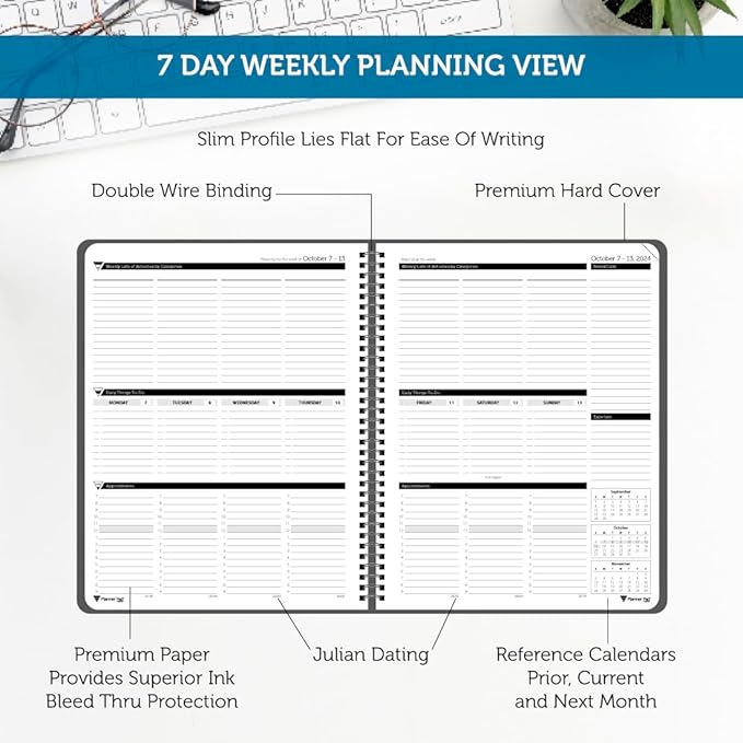 Planner Pad Spiral Bound October 2024 – September 2025 8 1/2" x 11" Large 3-Tier Funnel Down 12 Month Organizer, Black Cover/Black Ink