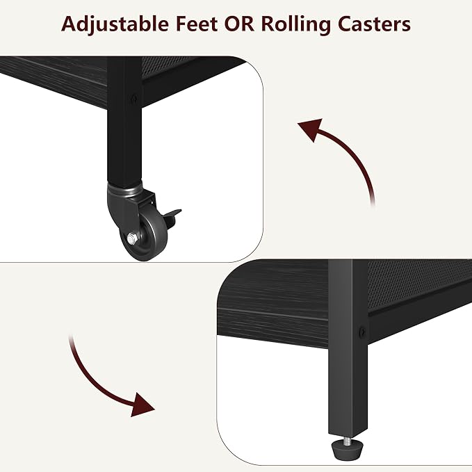 Printer Stand with Power Outlet, Large Printer Table with Adjustable Storage Shelf, 3 Tier Office Rolling Printer Stand with Wheels for Home Office, Fax Machines, Scanners, Rustic Black