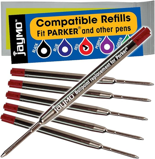 Jaymo Replacement for Parker 1950370 and Bastion - Measures 3.875 in / 98 mm Long - G2 Ballpoint Pen Refill - 6 Red
