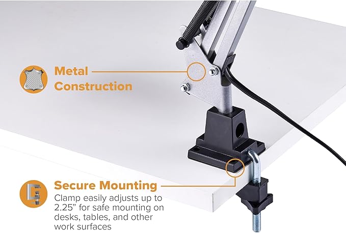 Bostitch Office VLF100-WHT Swing Arm Desk Lamp with Clamp Mount, 36" Reach with Multi-Joint Adjustment, Includes Replaceable LED Bulb (VLF), White