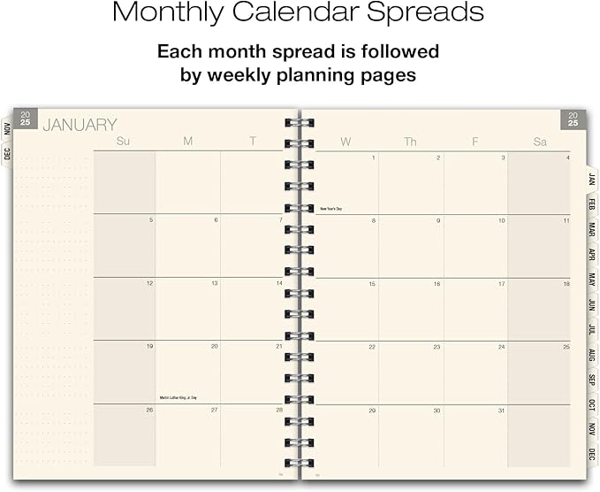 ESSENTIAL 2025 Monthly & Weekly Planner with Tabs, 8.5"x11": 14 Months (November 2024 - December 2025), Professional, Simple, Easy-to-Use Design and Frosted Poly Cover for Extra Protection (Frosted)