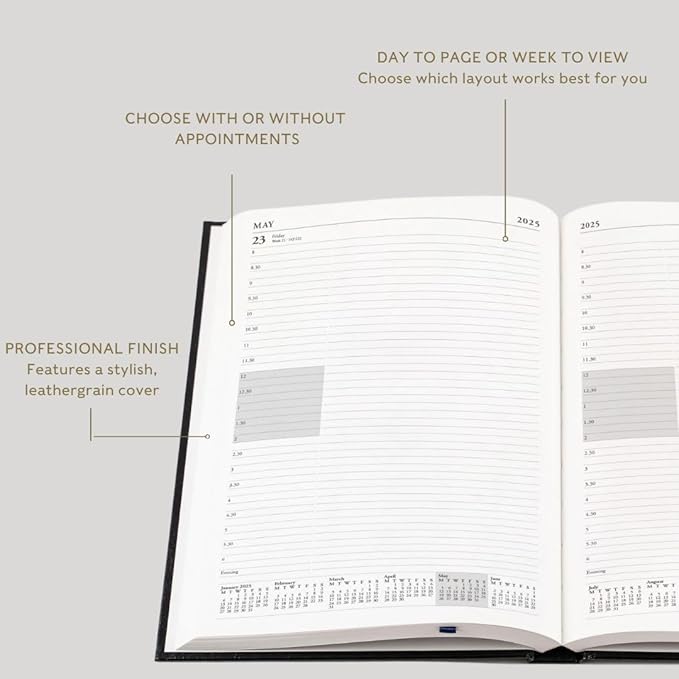 Collins Essential 2025 Business Diary - A5 Day to a Page with Appointments Planner with Leathergrain Hardback Cover - Green - ESSA51.52-25