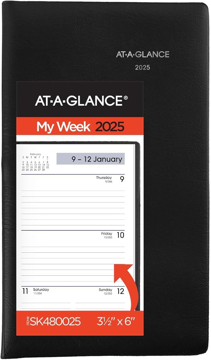 AT-A-GLANCE 2025 Planner, Weekly, 3-1/2" x 6", Pocket Size, Open Scheduling, DayMinder, Black (SK480025)