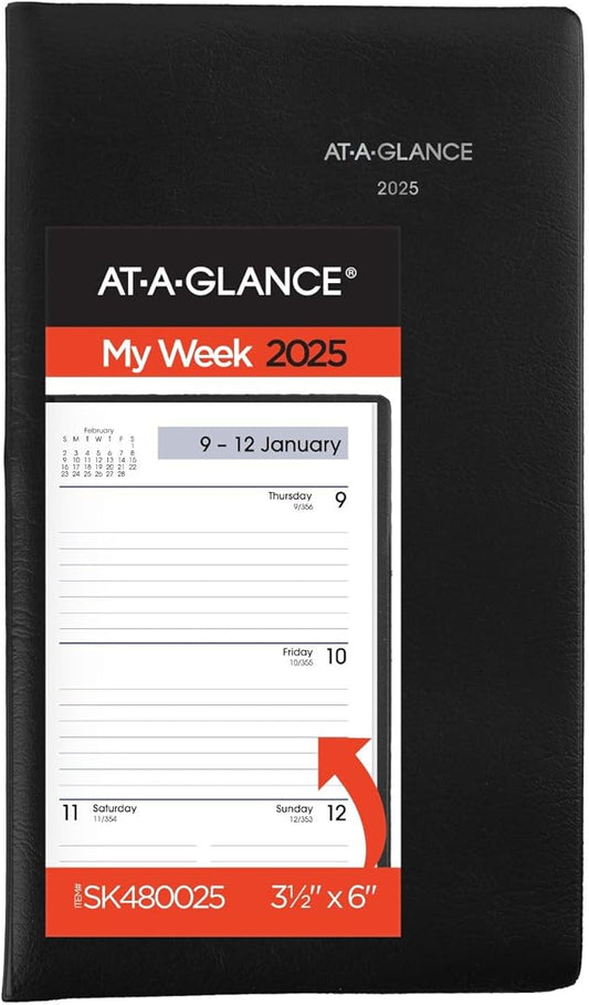 AT-A-GLANCE 2025 Planner, Weekly, 3-1/2" x 6", Pocket Size, Open Scheduling, DayMinder, Black (SK480025)