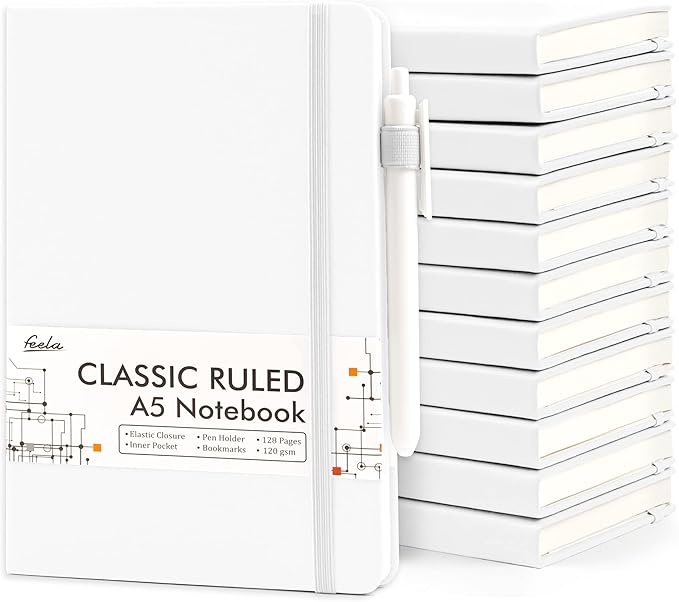 feela 12 Pack Notebooks Journals Bulk, Hardcover Notebook Classic Ruled Lined Journals with Pen Holder for Women Girls School Business Supplies, with 12 Black Pens, 120 GSM, 5.1”x8.3”, A5, White