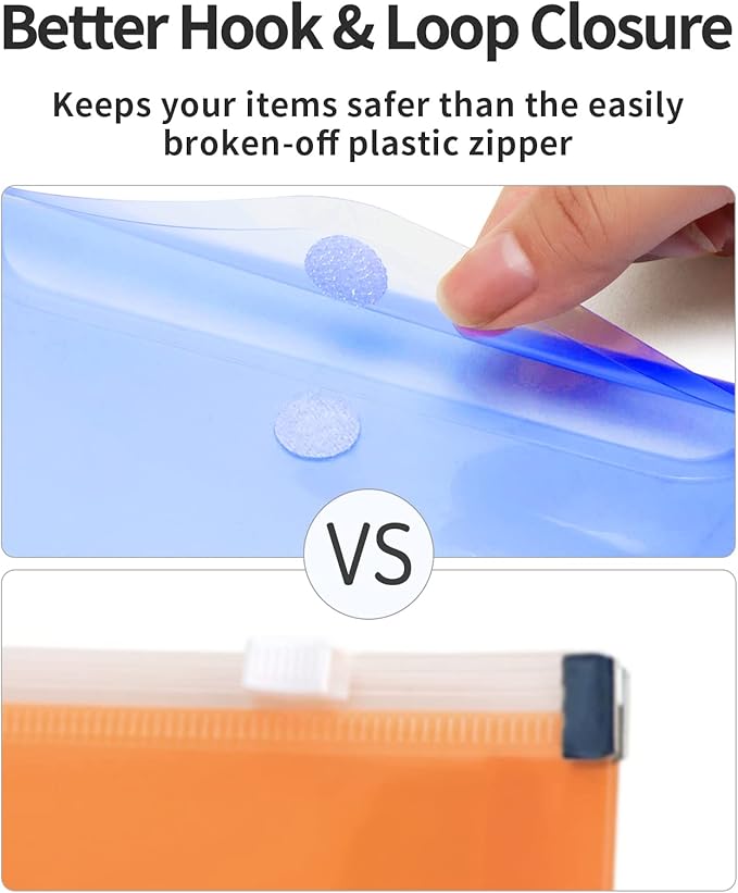 Sooez Small Plastic Envelopes, 12 Pack Plastic Pouch with Label Pocket, Pencil Pouch, Reusable Envelopes,Pencil Case Bulk, Money Envelopes, 9.4 x 4.7 Inches