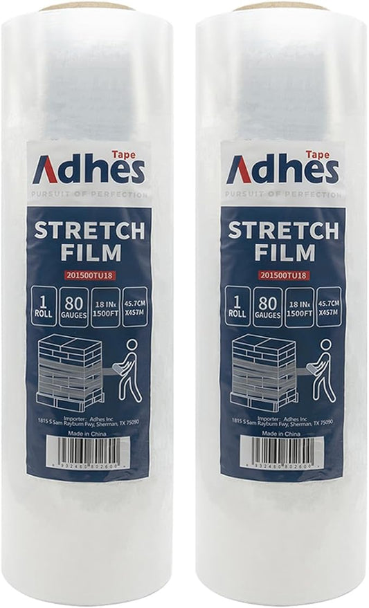 ADHES Heavy Duty Shrink Wrap Roll, 18 Inch x 1500 Feet, 2-Pack Stretch Wrap Stretch Film, 80 Gauge Industrial Strength Plastic Moving Rrap for Pallet Wrap, Furniture Wrapping Moving & Protection
