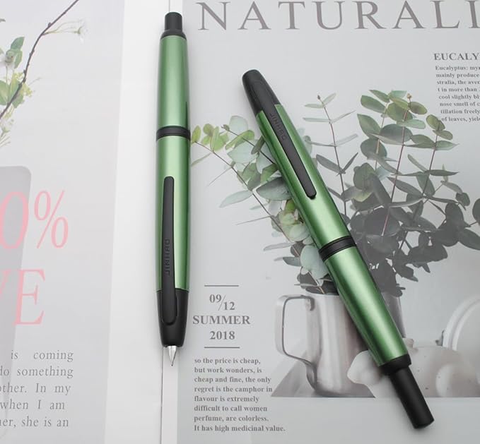 JINHAO 10 Press Fountain Pen, Retractable Metal Pen with Ink Converter (EF Nib 0.38mm, Light Pine Green - Black Clip)