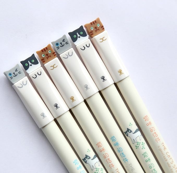 Colorful Cats Design 0.38mm Gel Pens Black Ink Pen Pack of 6 PCS
