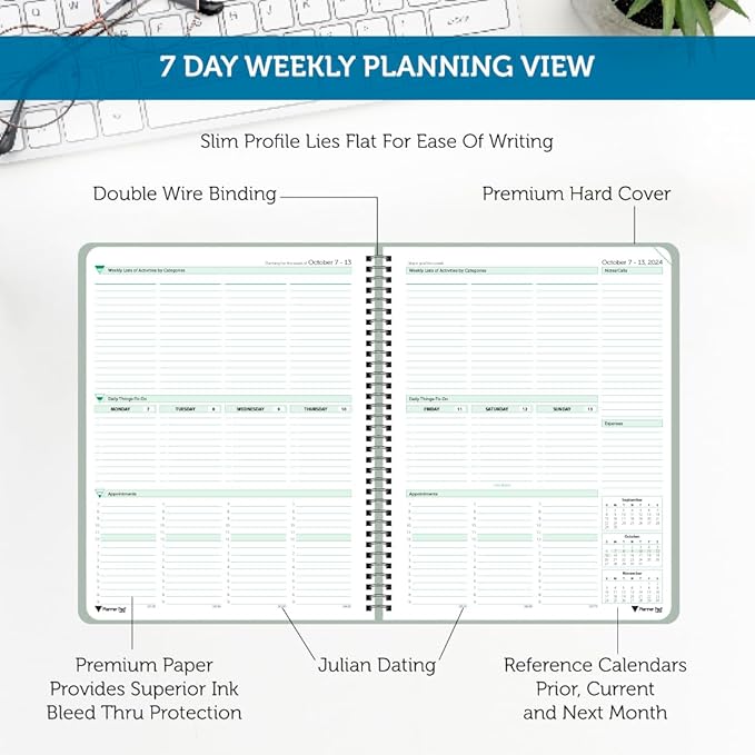 Planner Pad Spiral Bound October 2024 – September 2025 8 1/2" x 11" Large 3-Tier Funnel Down 12 Month Organizer, Greenish Grey Cover/Soft Green Ink