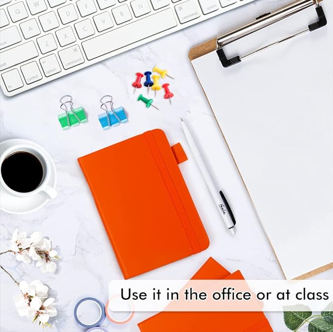 feela 15 Pack Pocket Small Notebooks Bulk, Mini Cute Notepads Hardcover College Ruled Lined Journals with Pen Holder for School Business Memos, with 15 Black Pens, 3.5”x 5.5”, A6, Orange