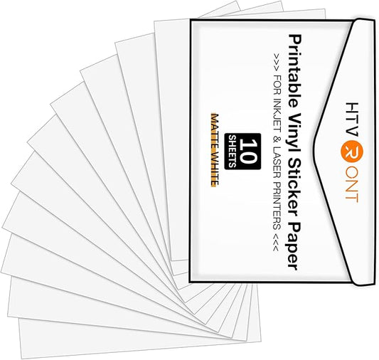 HTVRONT Printable Vinyl for Inkjet Printer - 10 Sheets 100 g Matte White Printable Vinyl Sticker Paper Vivid Color Dries Quickly, 8.5"x11" Tear Resistant Printable Vinyl