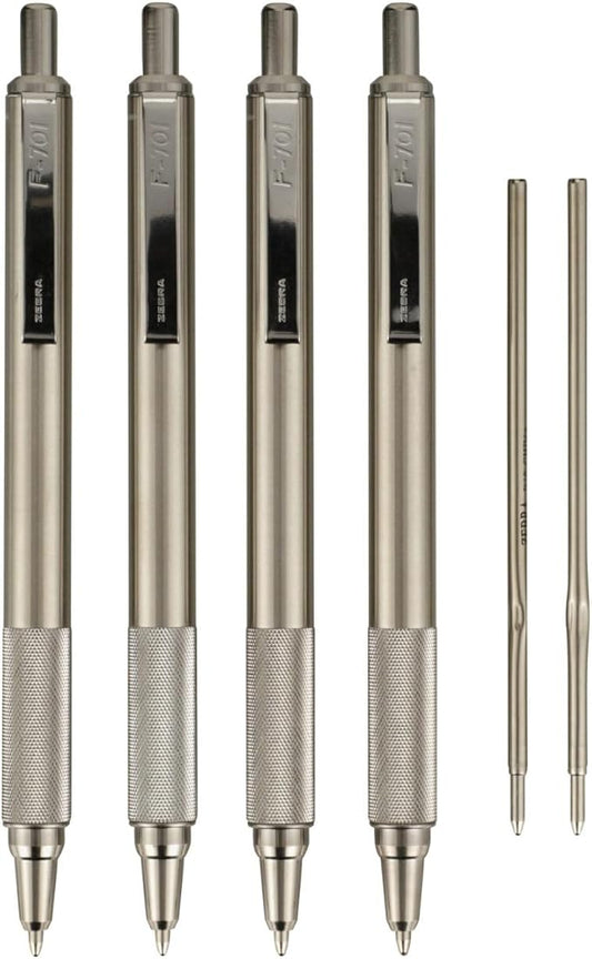 Zebra Pen F-701 Retractable Ballpoint Pen, Stainless Steel Barrel, Fine Point, 0.8mm, Black Ink, 4-Pack with Refills