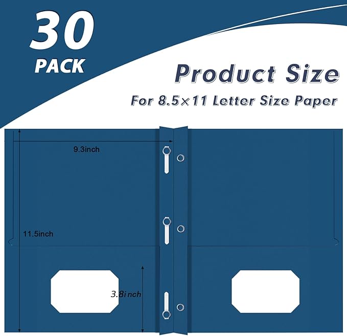 Two Pocket Folders, PANDRI 30 Pack Two Pocket Folders with Prongs, 3 Prong Folders Designed for Office and Classroom, Letter Size Darkblue