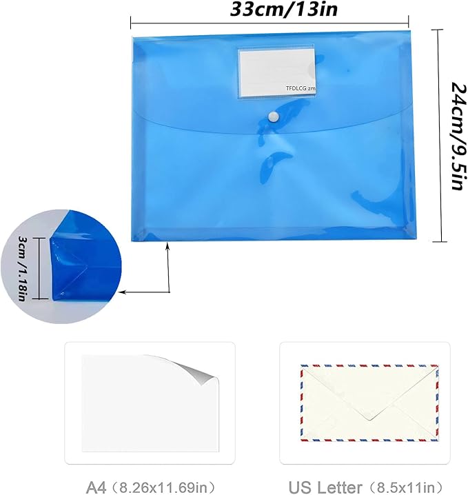5 Pack Large-Capacity Colored Transparent Document Folder,TFDLCG zm Plastic Envelopes with snap Closure Poly Envelopes,A4 Letter Size(13"×9.5") for School Home Office,Assorted Colors