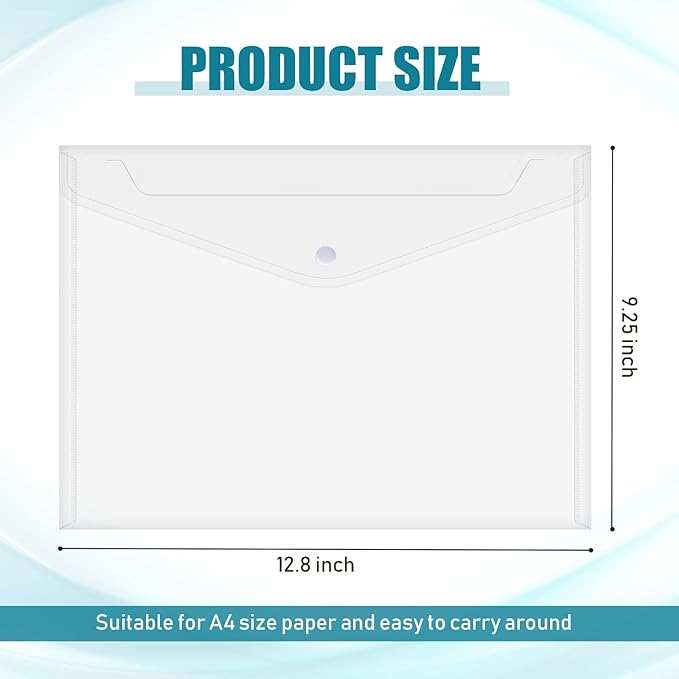 Zhehao 100 Pcs Clear Envelopes with Snap Button Closure A4 Letter Size Plastic Envelope Folder Poly Document File Folders for home Office(Clear,Simple Style)
