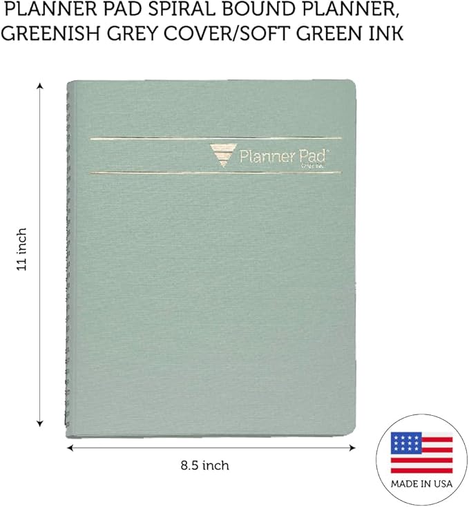 Planner Pad Spiral Bound October 2024 – September 2025 8 1/2" x 11" Large 3-Tier Funnel Down 12 Month Organizer, Greenish Grey Cover/Soft Green Ink
