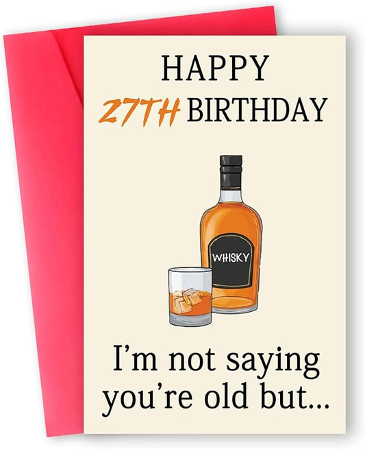 Funny 27th Birthday Card for Her Him, Happy 27th Birthday Decorations for Men Women, Unique 27th Birthday Gifts for Son Daughter, Whiskey 27 year old Bday Gift Ideas