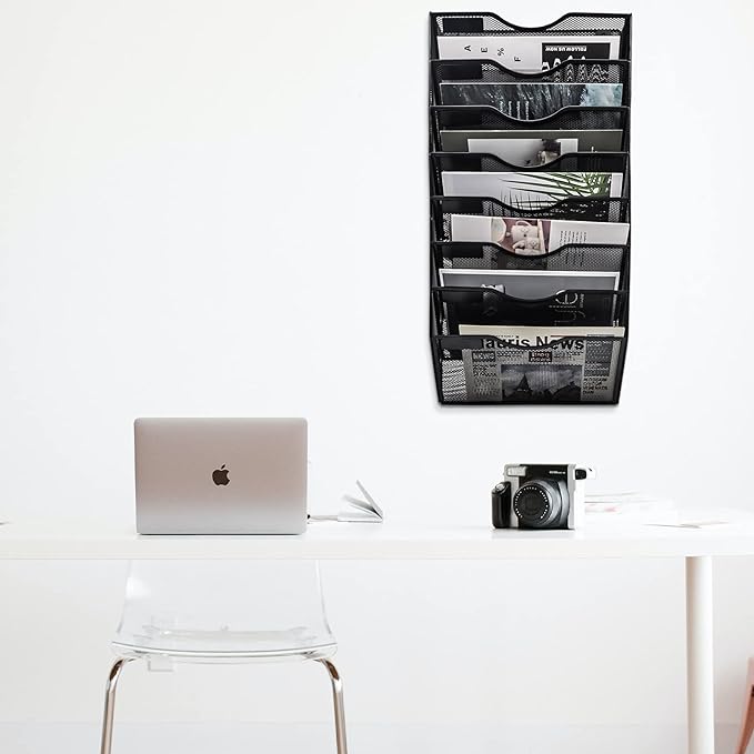 EASEPRES 8 Pockets Mesh Wall File Holder Organizer Office Hanging Magazine Rack, Black