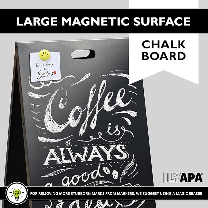 Ilyapa Modern All Metal Double Sided A Frame Chalkboard Sidewalk Sign- 19 x 30 inch Magnetic Chalk Menu Board Restaurant & Vendor Display Supplies for Outdoor Indoor Wedding Event Welcome