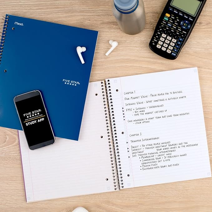 Five Star Spiral Notebook + Study App, 3 Subject, College Ruled Paper, Fights Ink Bleed, Water Resistant Cover, 8-1/2" x 11", 150 Sheets, Blue (73623) (Pack of 2)
