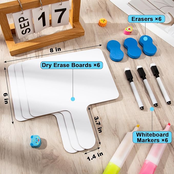 6Packs Dry Erase Paddles with Handle, 6Pcs Double Sided Answer Paddle White Boards with 6 Markers and 6 Erasers for Teaching Meeting Supplies