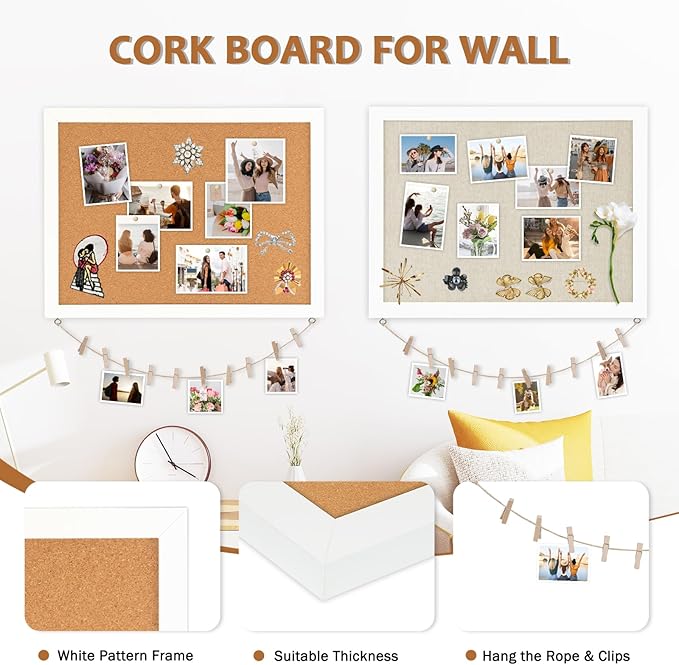 Double-Sided Large Cork Board with Linen, 30" x 20" Hanging Wood Framed Bulletin Board, Picture Display Vision Board Corkboards for Wall Room School Office Decor, 20 Pushpins,1pack